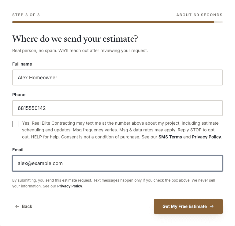 Estimate form phone step with the SMS consent checkbox unchecked. The full label says Real Elite Contracting may text the number above about the project, including estimate scheduling and updates, that message frequency varies, that message and data rates may apply, to reply STOP to opt out and HELP for help, and that consent is not a condition of purchase.
